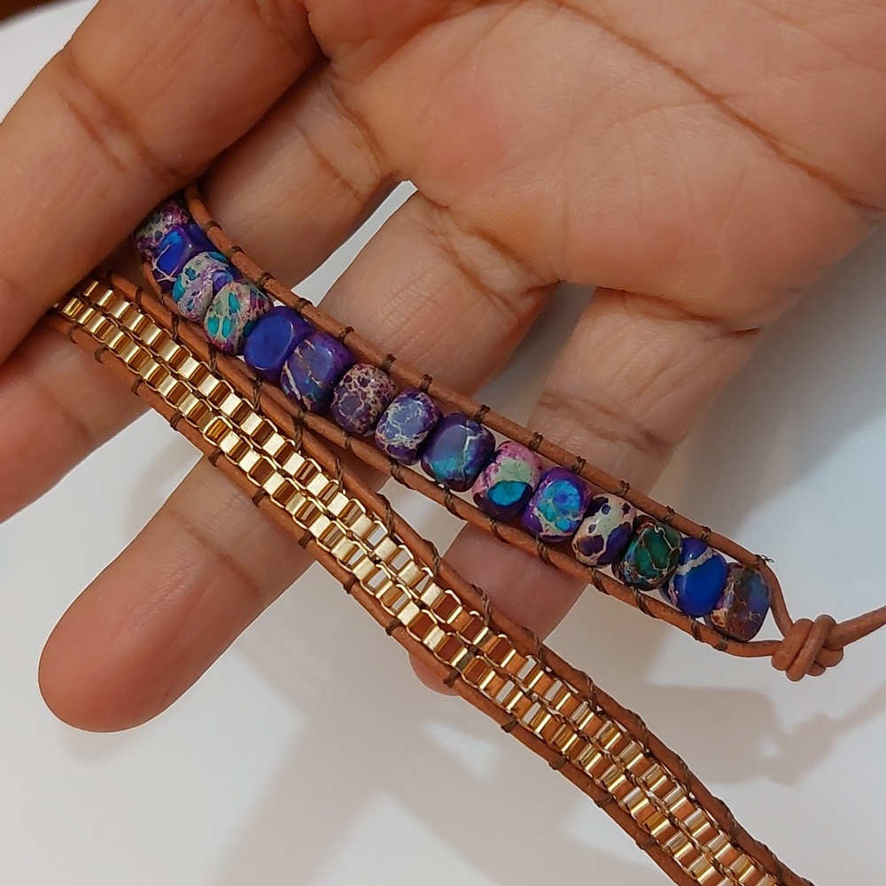 Hippie Bohemian Leather And Multi Color Agate Beads Multi Wrap Bracelet - Picture 7 of 7